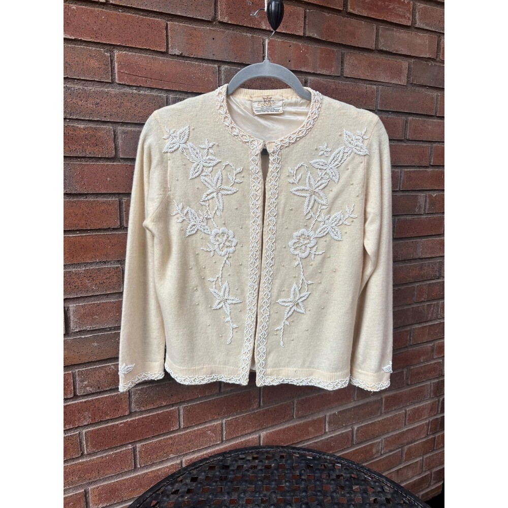 Vintage Cyn Les Hand Beaded Sweater Cream 1950s
